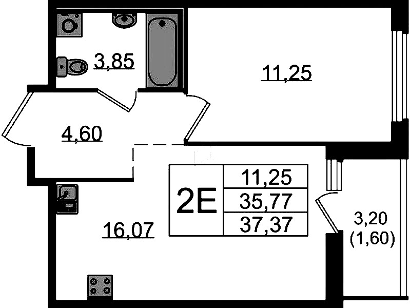 1-комнатная квартира 37.37 м², 12/15 эт., ЖК «GloraX Парголово»